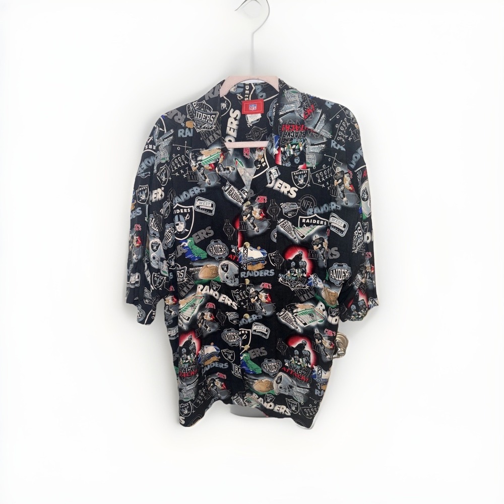 NFL Team RAIDERS button Down Shirt, All Over Print,  Silver & Black Attack XL